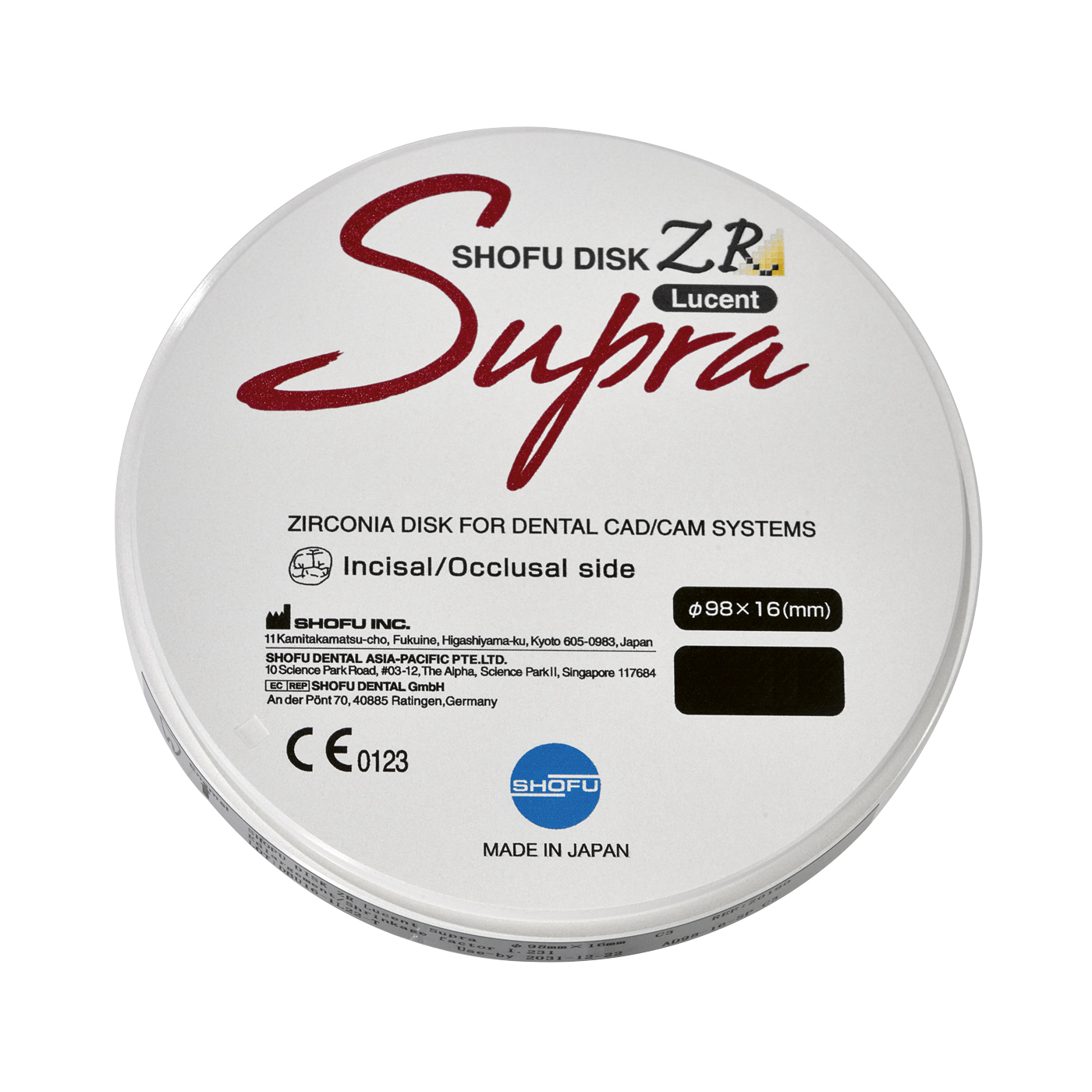 Shofu Disk ZR Lucent Supra CAD/CAM blank, ø 98 x 16 mm, A1